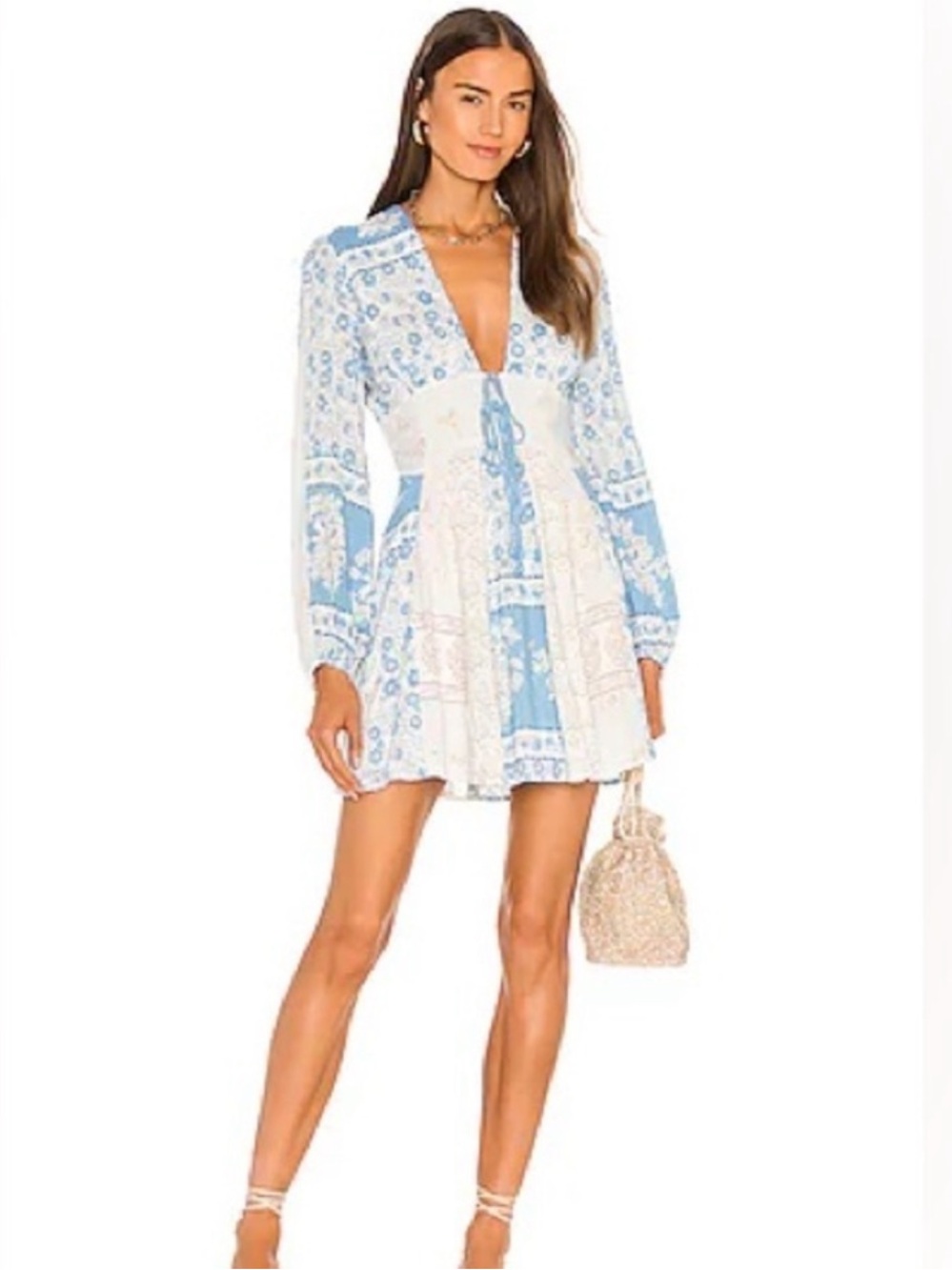 Free People Mixin it Up Light Blue & White Boho Mixed-Print Mini Dress